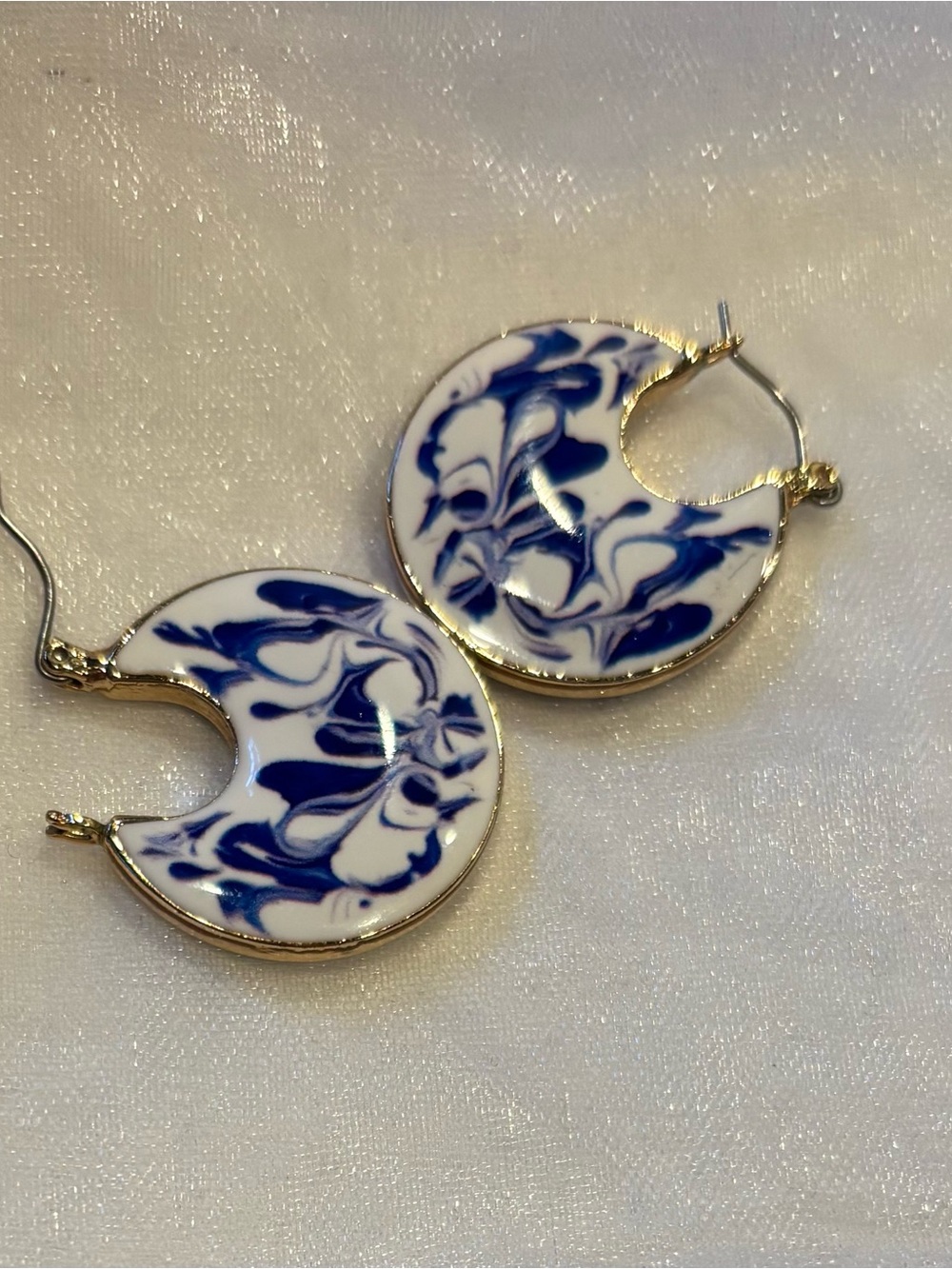 Gold-Tone Blue & White Swirl Crescent Hoop Earrings